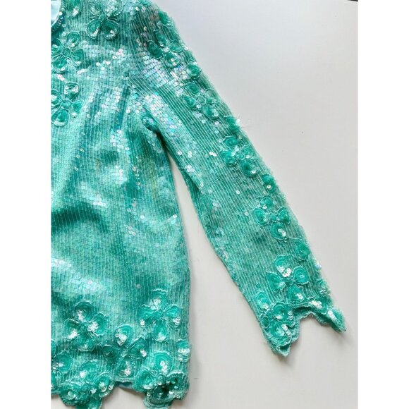 Vintage 90's SAKS FIFTH AVENUE Turquoise Beaded Sequin Blouse Skirt Set, Size M - Picture 6 of 16